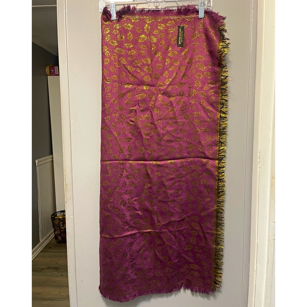 Pashmina Women's Purple/Gold leaf Print Pashmina Style Scarf Wrap Fringe 32x72 "